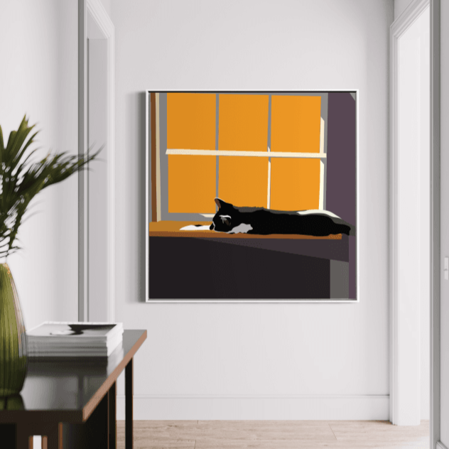 Digital illustration of a black and white cat sprawled across a windowsill, backlit by bold orange windowpanes, basking in late-afternoon light.