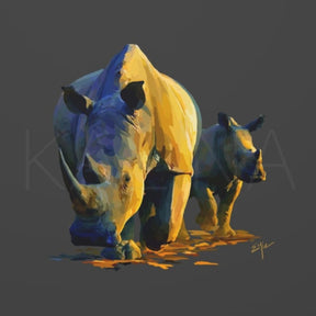 Digital painting of a mother and baby rhinoceros walking together, their forms illuminated in golden and blue tones. The pair exude quiet strength and tenderness, set against a dark charcoal background that highlights their bold silhouettes and textured detail.