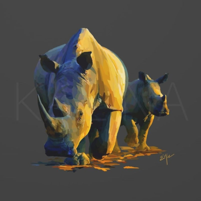Digital painting of a mother and baby rhinoceros walking together, their forms illuminated in golden and blue tones. The pair exude quiet strength and tenderness, set against a dark charcoal background that highlights their bold silhouettes and textured detail.
