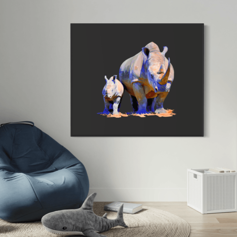 Digital painting of two rhinoceroses in motion — one large adult and one smaller beside it — set against a dark background with vivid purple and gold tones. Captures the animals’ grace and power in a bold, modern style.