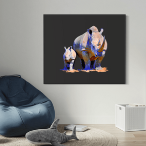 Digital painting of two rhinoceroses in motion — one large adult and one smaller beside it — set against a dark background with vivid purple and gold tones. Captures the animals’ grace and power in a bold, modern style.