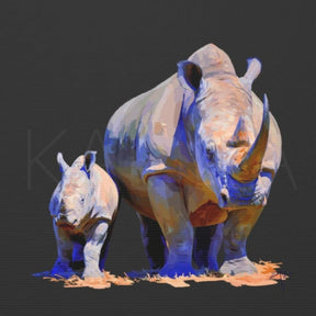 Digital painting of two rhinoceroses in motion — one large adult and one smaller beside it — set against a dark background with vivid purple and gold tones. Captures the animals’ grace and power in a bold, modern style.