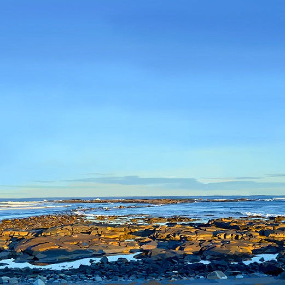 Digital painting of a coastal view in Rye, New Hampshire, with rocky shoreline in the foreground and blue ocean under a clear evening sky.