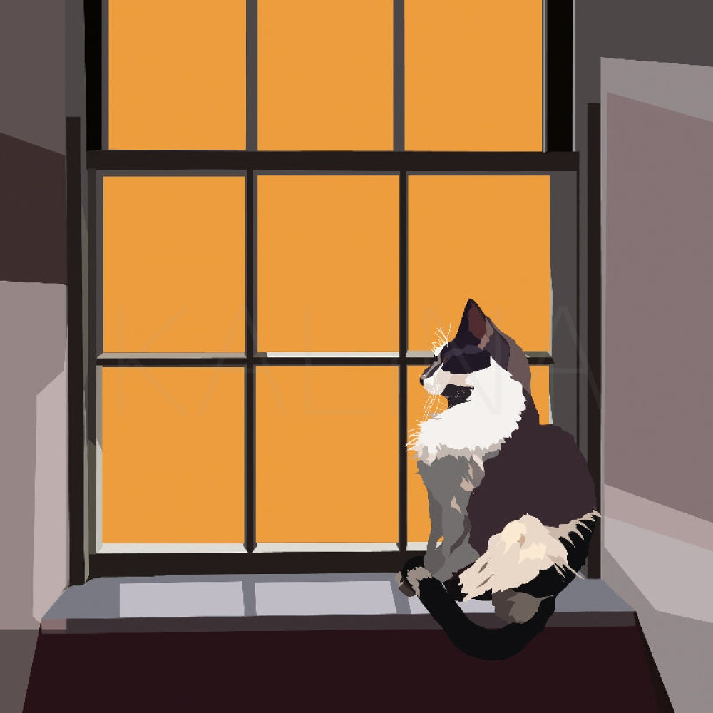Digital illustration of a black and white cat sitting tall on a windowsill, framed by bright orange windowpanes, gazing out with regal poise.