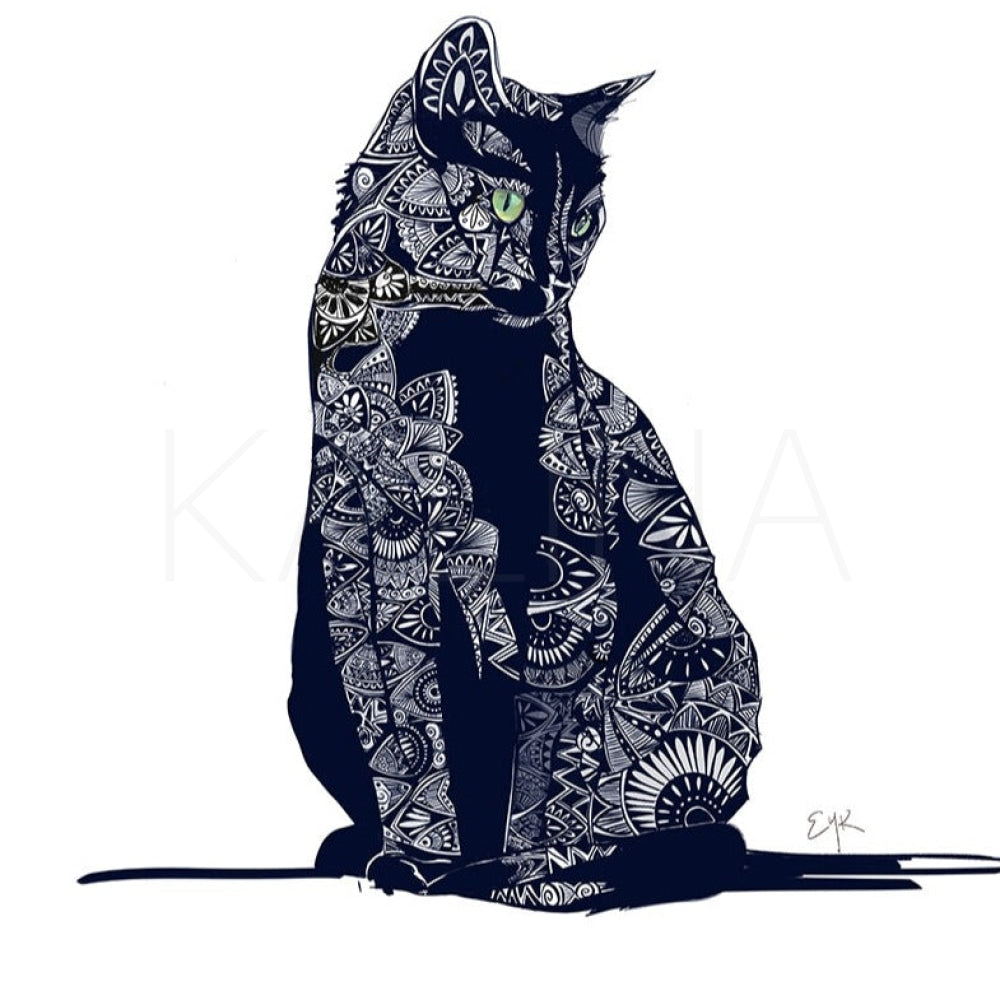 Stylized black cat with intricate white Zentangle patterns and green eyes, seated with a calm, regal posture against a white background.