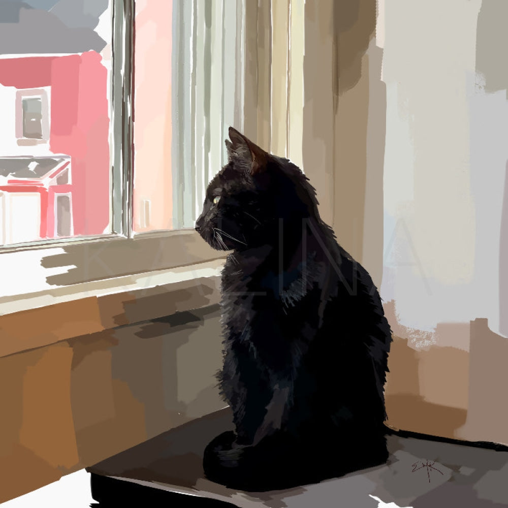 Black cat sitting at a windowsill, gazing outside through sunlit glass, painted in digital brushstrokes