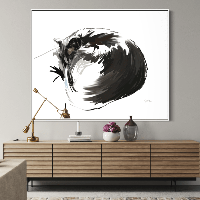 Stylized digital painting of a black cat curled tightly into a near-circle, blending into a swirling black brushstroke on a white background.
