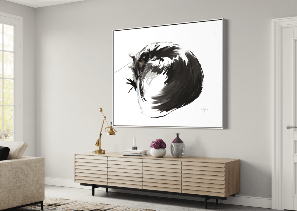 Stylized digital painting of a black cat curled tightly into a near-circle, blending into a swirling black brushstroke on a white background.