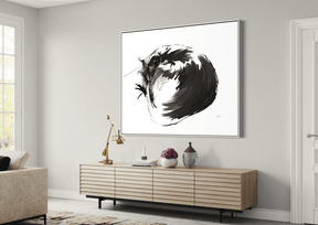 Stylized digital painting of a black cat curled tightly into a near-circle, blending into a swirling black brushstroke on a white background.