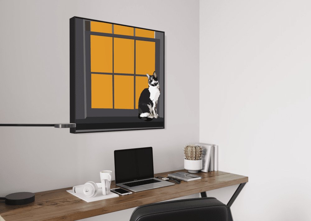 Minimalist digital illustration of a black and white cat sitting at a window, surrounded by deep orange light and clean modern lines, gazing out with calm focus. 
