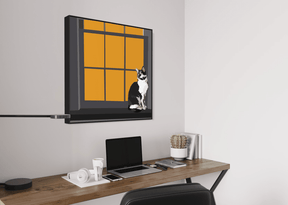 Minimalist digital illustration of a black and white cat sitting at a window, surrounded by deep orange light and clean modern lines, gazing out with calm focus. 