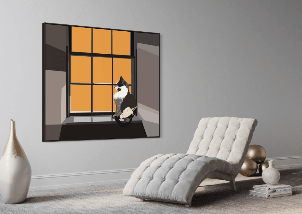Digital illustration of a black and white cat sitting tall on a windowsill, framed by bright orange windowpanes, gazing out with regal poise.